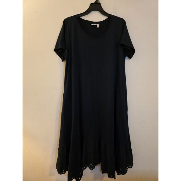 LOGO by Lori Goldstein Size XL Blk Cotton/Modal Midi Knit Dress with Lace Hem - Picture 1 of 8
